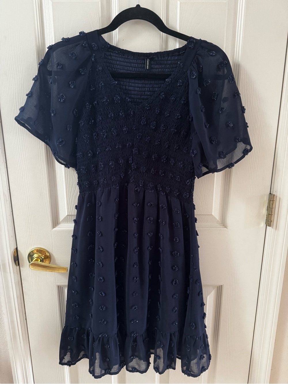 Navy Textured Midi Dress with Puff Sleeves